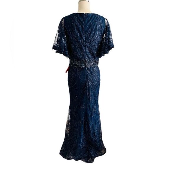 Mac Duggal 67493 Navy Blue Lace Beaded Sheer Flutter Sleeve Gown| Size 10 - Picture 8 of 14